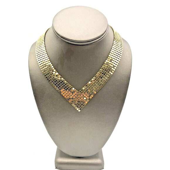 Vintage Mesh V Shaped Collar Necklace Gold Tone 16” - Picture 2 of 6